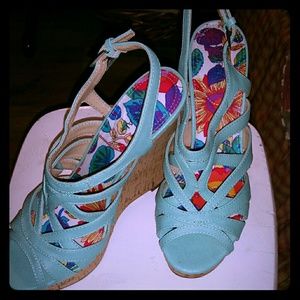 Teal Sandals With Cork-Wrapped Wedge Heel